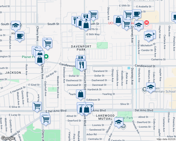 map of restaurants, bars, coffee shops, grocery stores, and more near in Lakewood