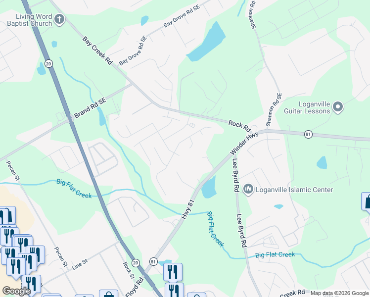 map of restaurants, bars, coffee shops, grocery stores, and more near 504 Starmist Court in Loganville