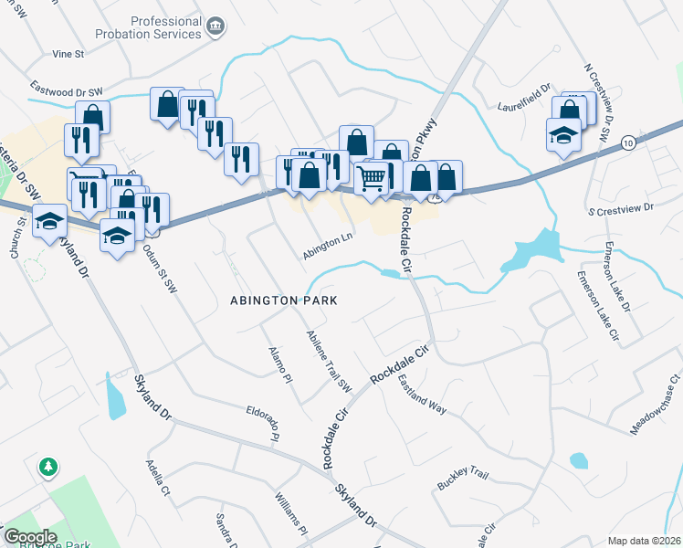 map of restaurants, bars, coffee shops, grocery stores, and more near 2766 Abilene Lane in Snellville