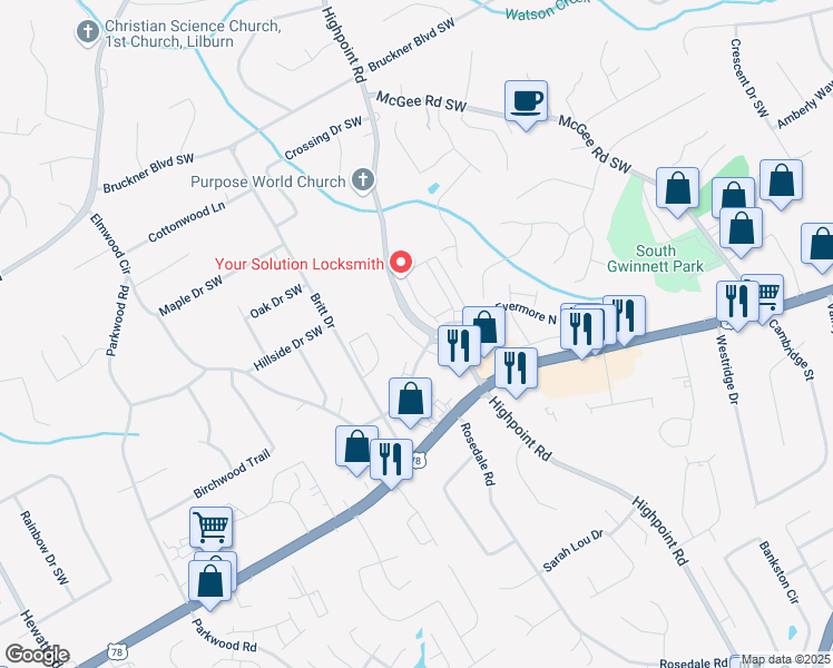 map of restaurants, bars, coffee shops, grocery stores, and more near 2182 Talmai Drive in Snellville