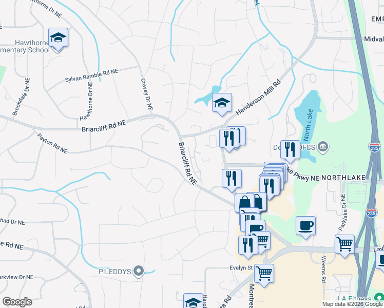 map of restaurants, bars, coffee shops, grocery stores, and more near 2346 Briarcliff Commons in Atlanta
