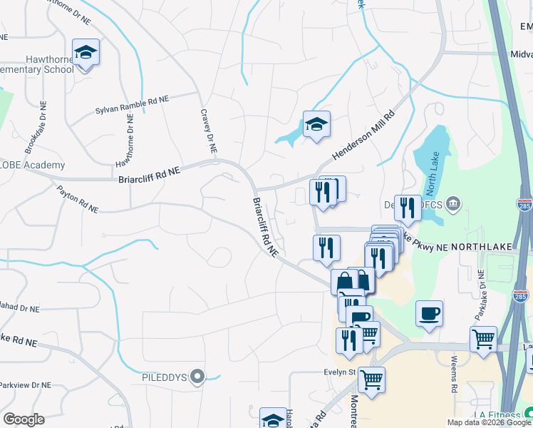 map of restaurants, bars, coffee shops, grocery stores, and more near 2358 Briarcliff Cove Northeast in Atlanta