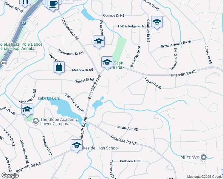 map of restaurants, bars, coffee shops, grocery stores, and more near 2327 Doreen Court Northeast in Atlanta