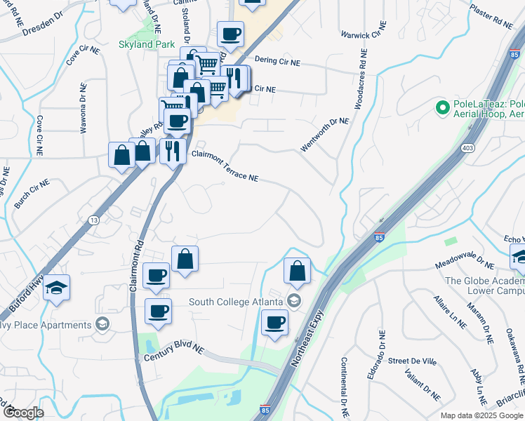 map of restaurants, bars, coffee shops, grocery stores, and more near 1998 Shalimar Drive Northeast in Atlanta