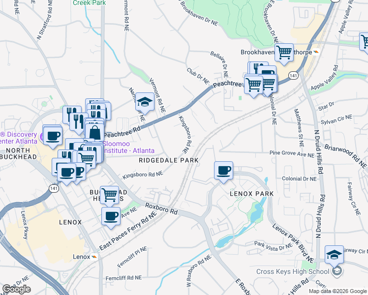 map of restaurants, bars, coffee shops, grocery stores, and more near 3626 Kingsboro Road Northeast in Atlanta
