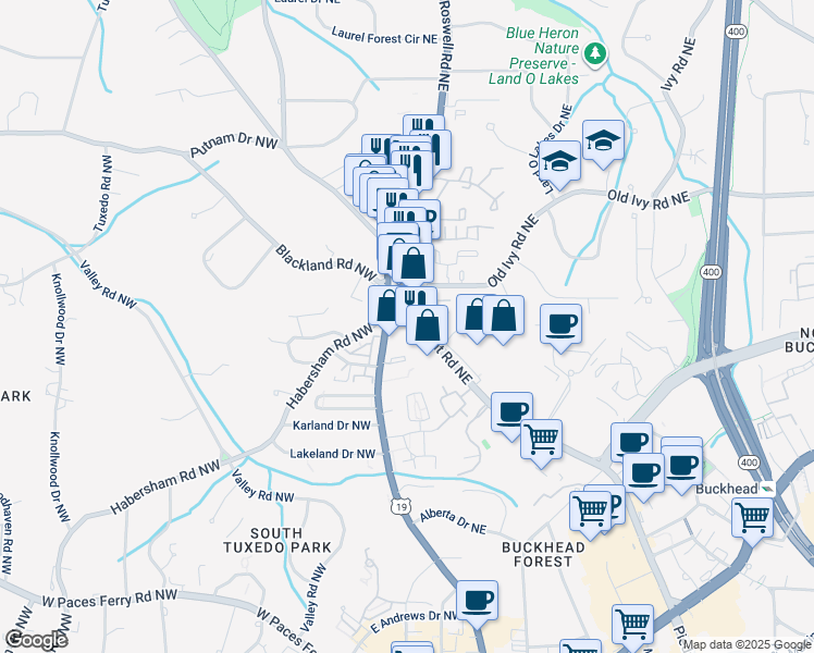 map of restaurants, bars, coffee shops, grocery stores, and more near 3649 Piedmont Road Northeast in Atlanta