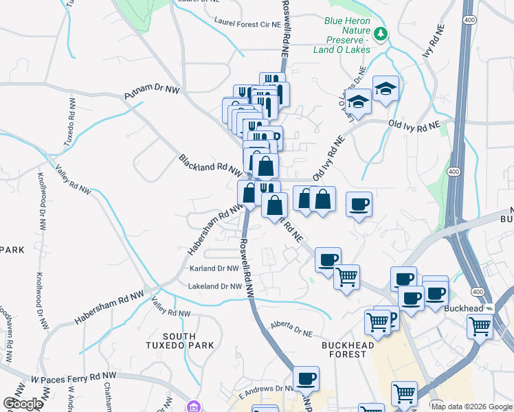 map of restaurants, bars, coffee shops, grocery stores, and more near 3649 Piedmont Road Northeast in Atlanta