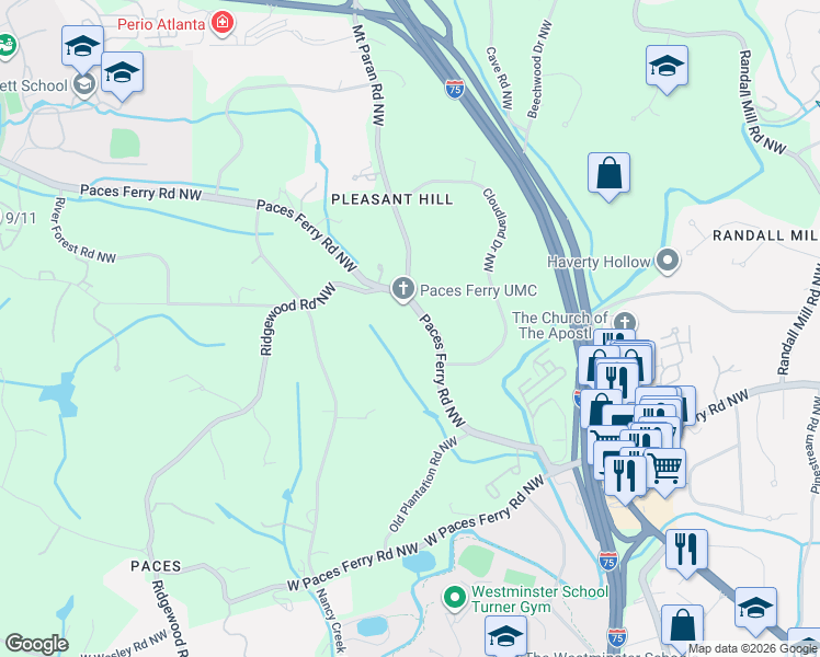 map of restaurants, bars, coffee shops, grocery stores, and more near 3612 Paces Ferry Road Northwest in Atlanta