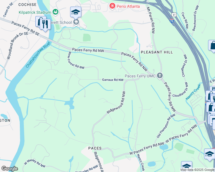 map of restaurants, bars, coffee shops, grocery stores, and more near 1790 Garraux Road Northwest in Atlanta