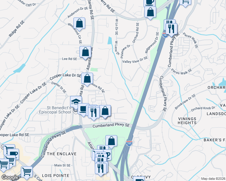 map of restaurants, bars, coffee shops, grocery stores, and more near 2171 Whitehall Court Southeast in Smyrna