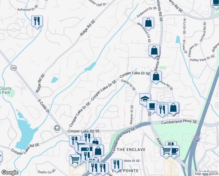 map of restaurants, bars, coffee shops, grocery stores, and more near 1848 Cooper Lake Drive Southeast in Smyrna