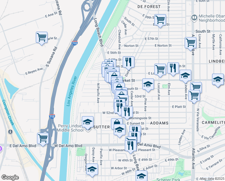 map of restaurants, bars, coffee shops, grocery stores, and more near 5345 Long Beach Boulevard in Long Beach