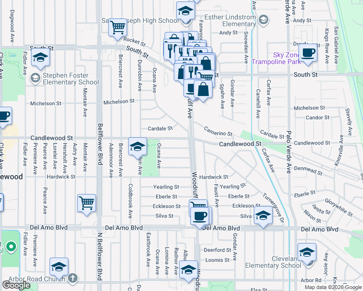map of restaurants, bars, coffee shops, grocery stores, and more near 5855 Daneland Street in Lakewood