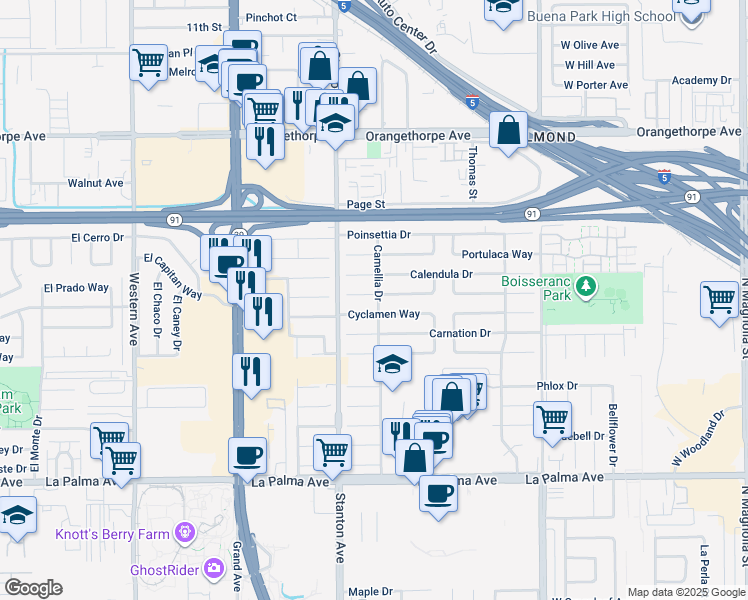map of restaurants, bars, coffee shops, grocery stores, and more near 8109 Coral Bell Way in Buena Park