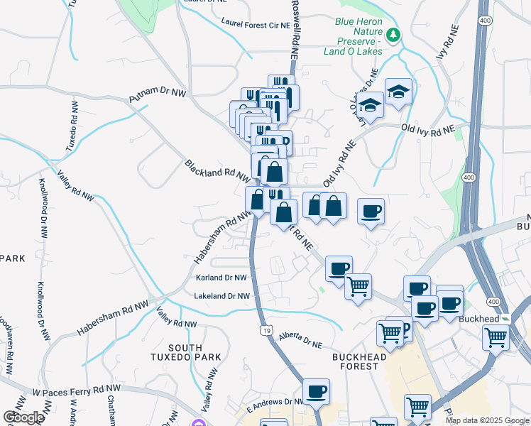 map of restaurants, bars, coffee shops, grocery stores, and more near 3645 Habersham Road Northeast in Atlanta