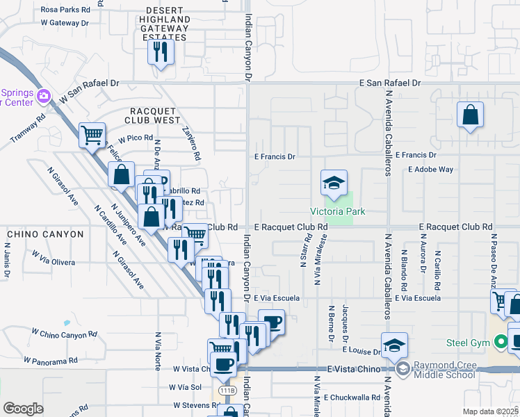 map of restaurants, bars, coffee shops, grocery stores, and more near 200 East Racquet Club Road in Palm Springs
