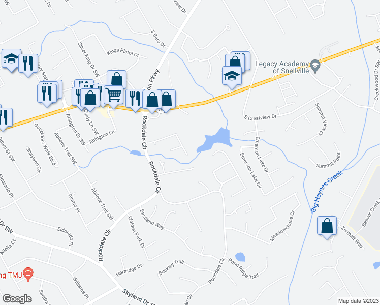 map of restaurants, bars, coffee shops, grocery stores, and more near 1825 Rockside Lane Southwest in Snellville