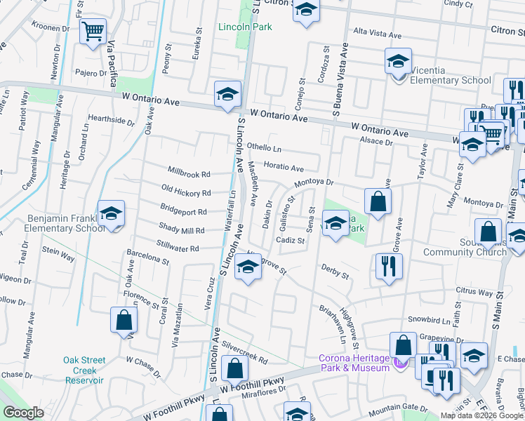 map of restaurants, bars, coffee shops, grocery stores, and more near 2536 Dakin Drive in Corona