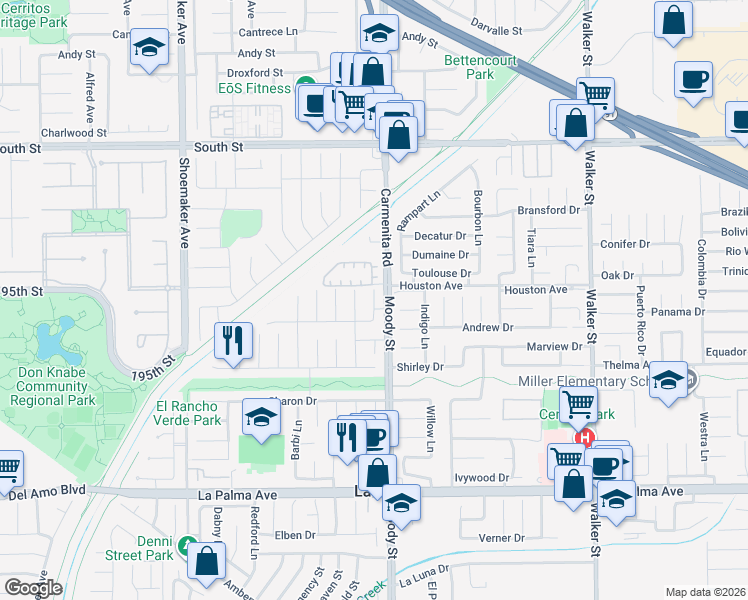 map of restaurants, bars, coffee shops, grocery stores, and more near 7582 Silverado Lane in La Palma
