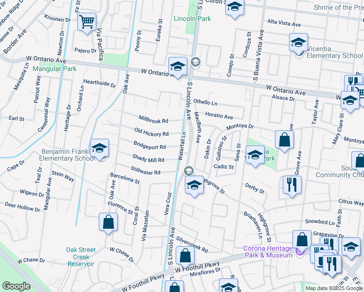 map of restaurants, bars, coffee shops, grocery stores, and more near Waterfall Lane in Corona