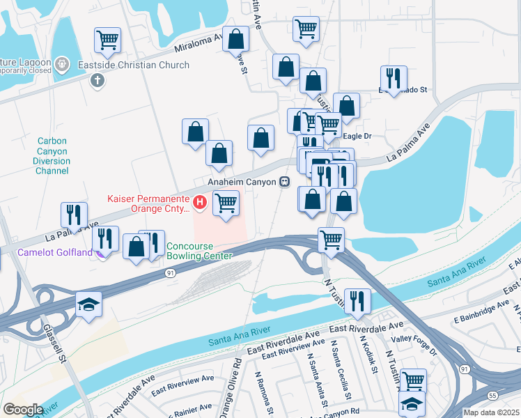 map of restaurants, bars, coffee shops, grocery stores, and more near 1040 North Grove Street in Anaheim