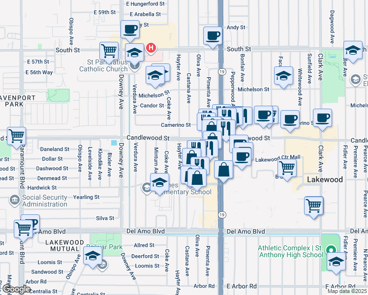 map of restaurants, bars, coffee shops, grocery stores, and more near in Lakewood