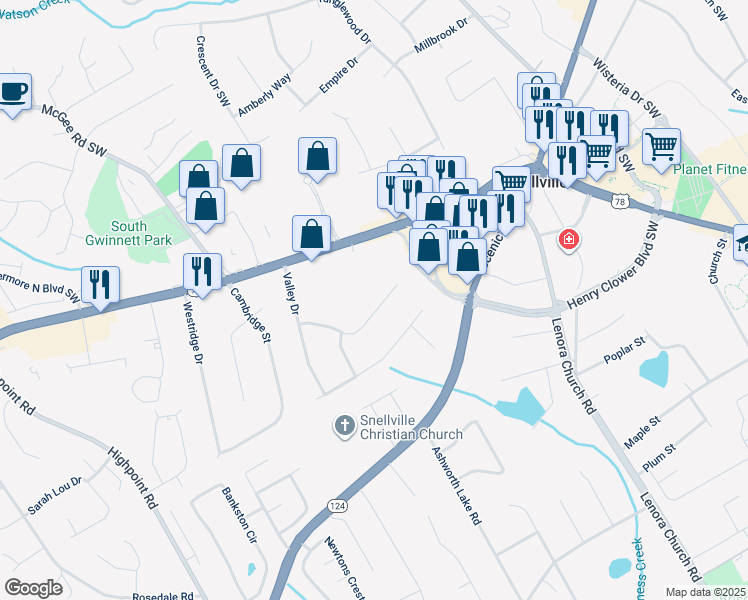 map of restaurants, bars, coffee shops, grocery stores, and more near 2755 Twin Springs Drive in Snellville