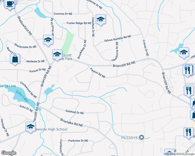 map of restaurants, bars, coffee shops, grocery stores, and more near 2324 Bry Mar Drive Northeast in Atlanta