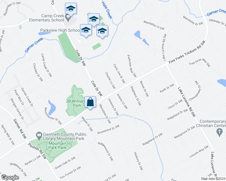 map of restaurants, bars, coffee shops, grocery stores, and more near 1197 Charlie Lane Southwest in Lilburn