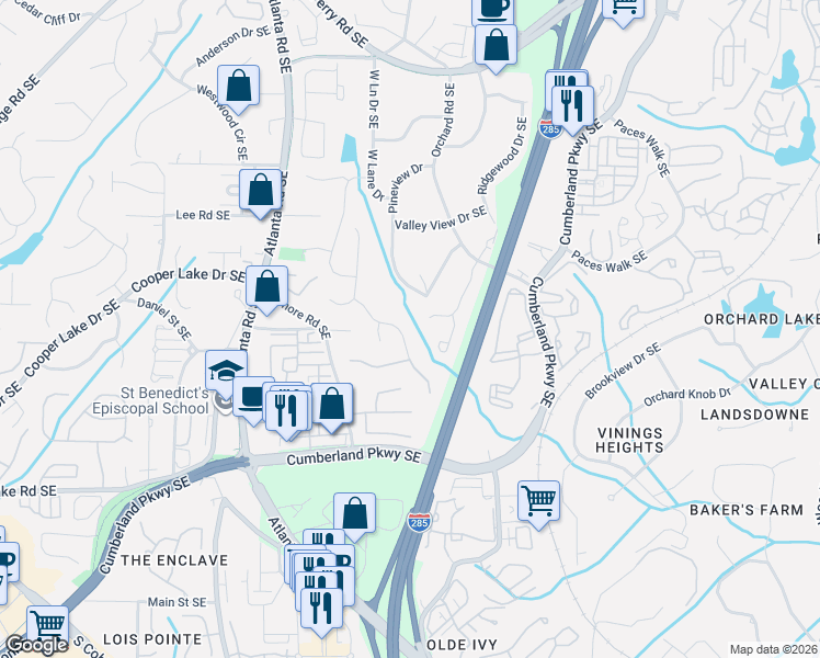 map of restaurants, bars, coffee shops, grocery stores, and more near 4105 Oberon Drive Southeast in Smyrna