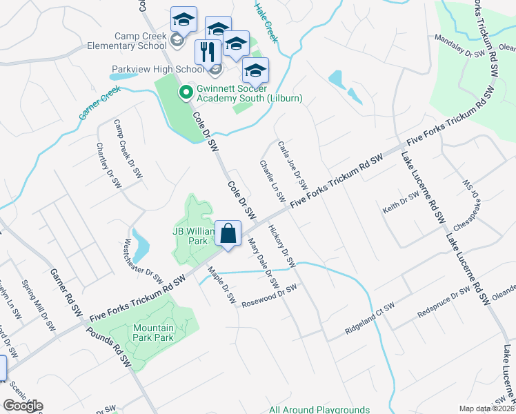 map of restaurants, bars, coffee shops, grocery stores, and more near 1150 Cole Drive Southwest in Lilburn