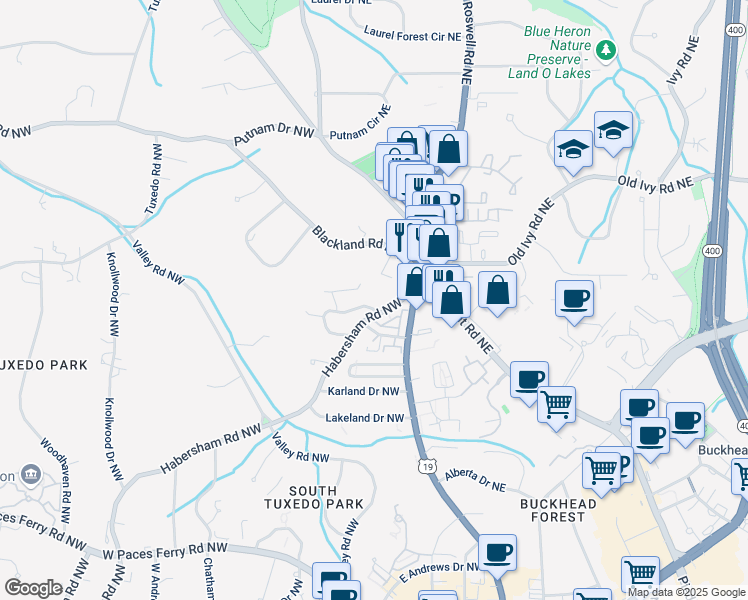 map of restaurants, bars, coffee shops, grocery stores, and more near 21 Honour Circle Northwest in Atlanta