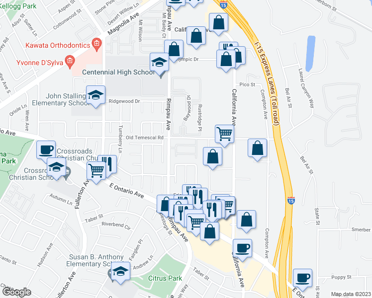 map of restaurants, bars, coffee shops, grocery stores, and more near 1121 San Marino Court in Corona