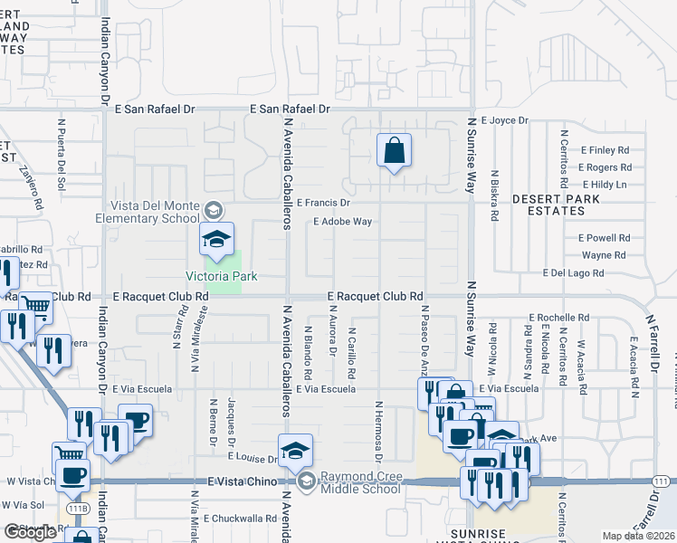 map of restaurants, bars, coffee shops, grocery stores, and more near 2564 North Aurora Drive in Palm Springs