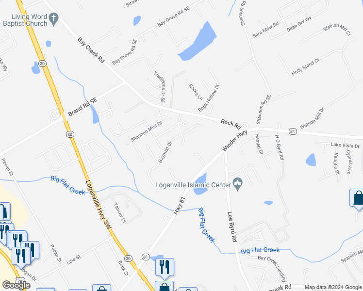 map of restaurants, bars, coffee shops, grocery stores, and more near 504 Starmist Court in Loganville