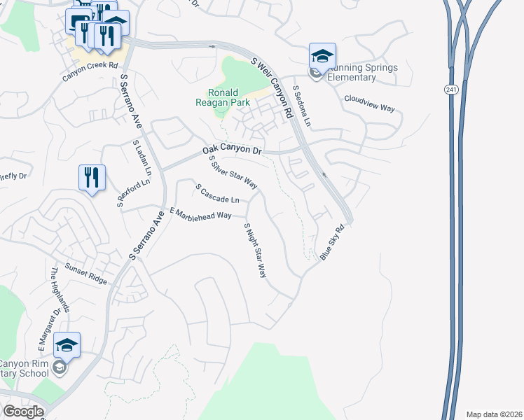 map of restaurants, bars, coffee shops, grocery stores, and more near 1055 South Silver Star Way in Anaheim
