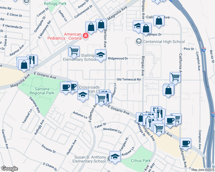 map of restaurants, bars, coffee shops, grocery stores, and more near 2136 Wembley Lane in Corona
