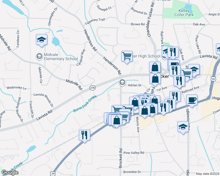 map of restaurants, bars, coffee shops, grocery stores, and more near 4781 Lavista Road in Tucker
