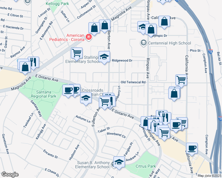 map of restaurants, bars, coffee shops, grocery stores, and more near 2136 Wembley Lane in Corona