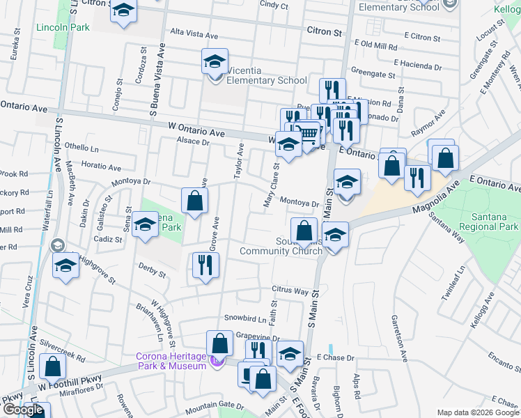 map of restaurants, bars, coffee shops, grocery stores, and more near 2426 Mary Clare Street in Corona