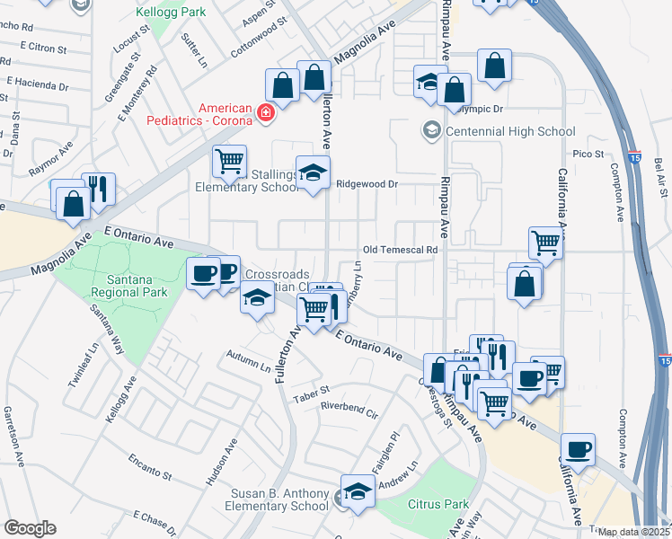 map of restaurants, bars, coffee shops, grocery stores, and more near 2136 Wembley Lane in Corona