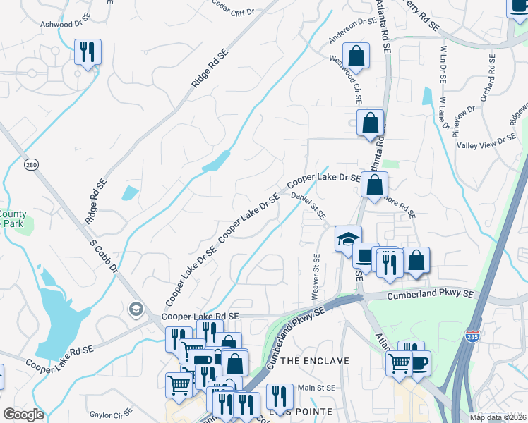 map of restaurants, bars, coffee shops, grocery stores, and more near 1848 Cooper Lake Drive Southeast in Smyrna