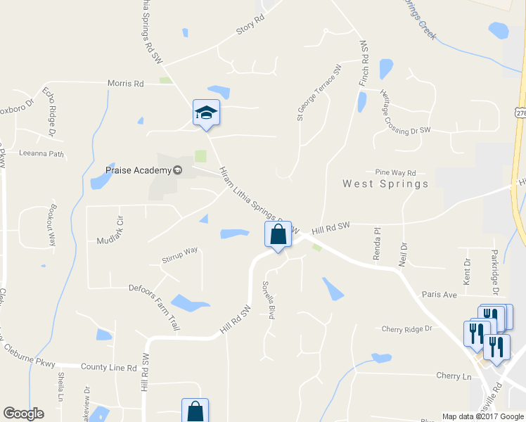 map of restaurants, bars, coffee shops, grocery stores, and more near 4154 Hiram Lithia Springs Road Southwest in Powder Springs