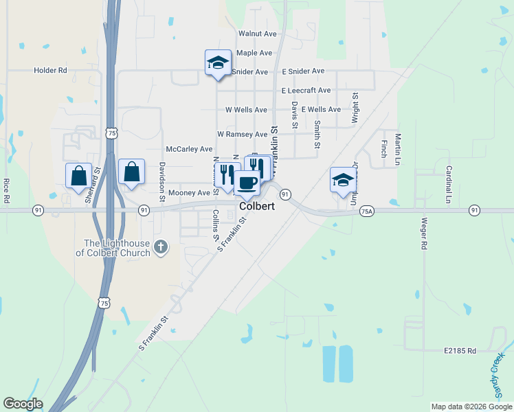 map of restaurants, bars, coffee shops, grocery stores, and more near 120 Burney Street in Colbert