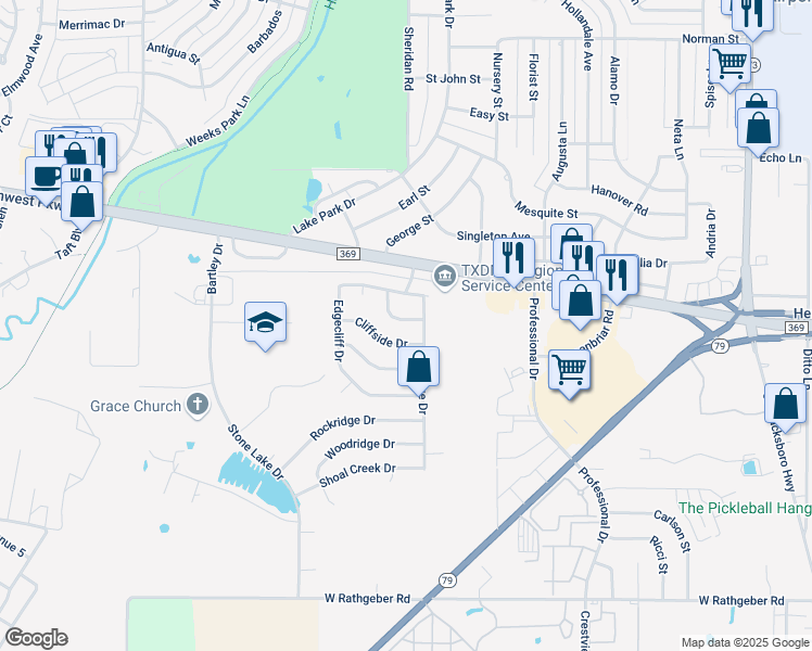 map of restaurants, bars, coffee shops, grocery stores, and more near 1705 Downhill Drive in Wichita Falls