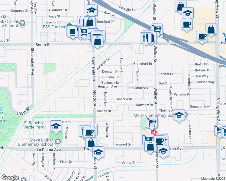 map of restaurants, bars, coffee shops, grocery stores, and more near 7532 Keith Circle in La Palma