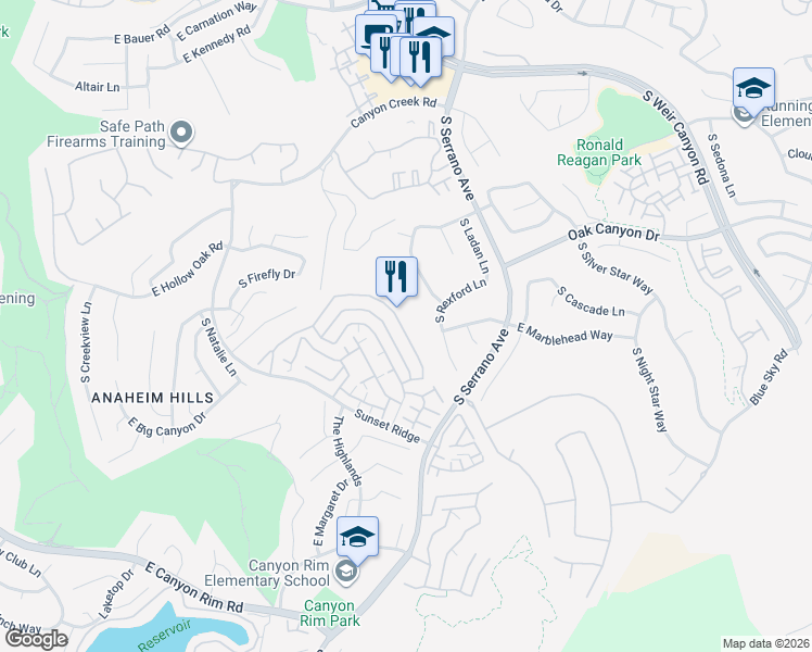 map of restaurants, bars, coffee shops, grocery stores, and more near 7917 East Viewrim Drive in Anaheim