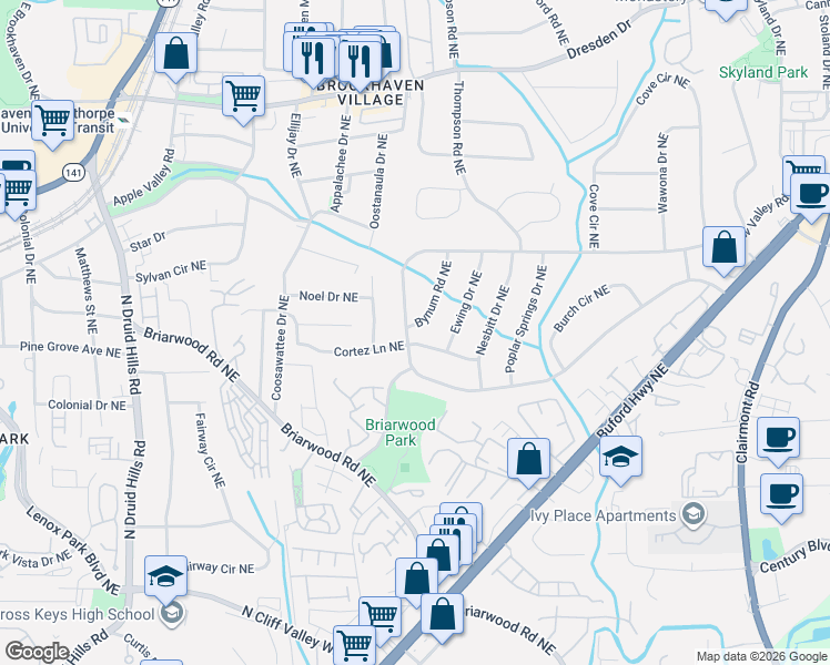 map of restaurants, bars, coffee shops, grocery stores, and more near 2336 Drew Valley Road Northeast in Atlanta