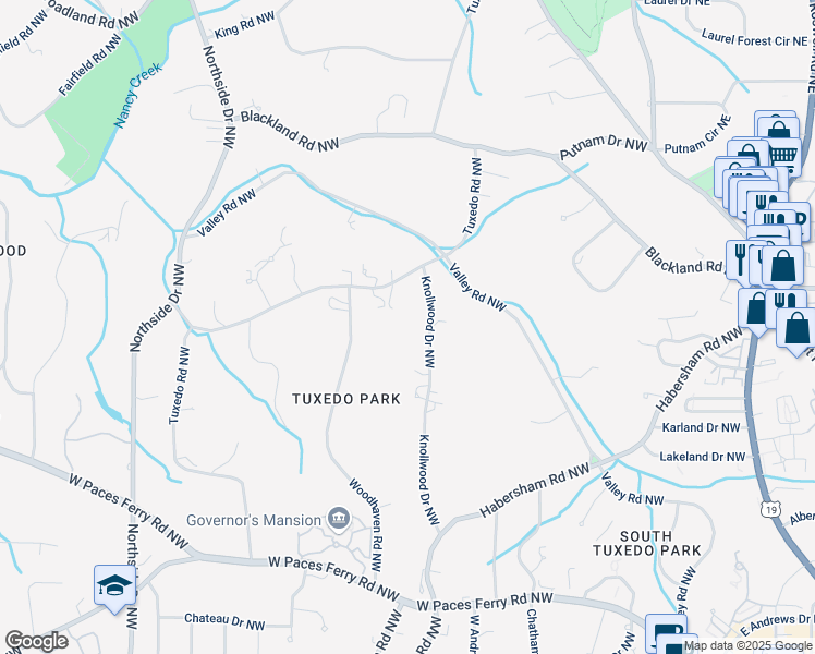 map of restaurants, bars, coffee shops, grocery stores, and more near 3572 Knollwood Drive Northwest in Atlanta