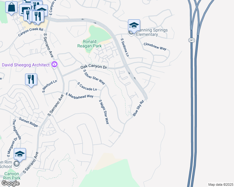 map of restaurants, bars, coffee shops, grocery stores, and more near 8361 East Starcrest Court in Anaheim